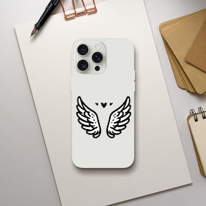 May include: White phone case with a black outline of angel wings and three small hearts.