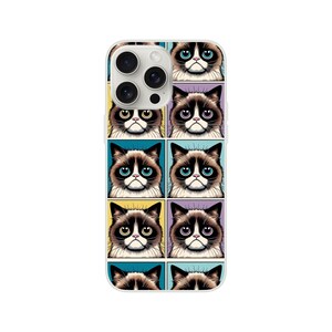 May include: A white iPhone case with a repeating pattern of grumpy cat faces in different colored squares. The cat faces are brown and white with blue, yellow, and purple backgrounds.