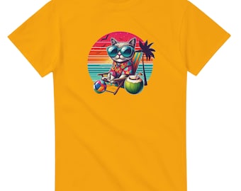 May include: A yellow t-shirt featuring a cartoon cat wearing sunglasses and a Hawaiian shirt, relaxing in a beach chair with a coconut drink and a beach ball. The cat is set against a sunset backdrop with palm trees.