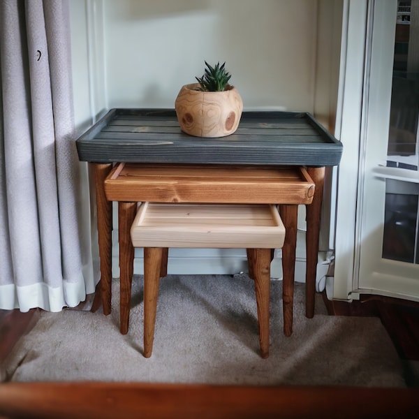 Handcrafted Walnut Nesting Table - Gray - Rustic Solid Wood Coffee Table - Timeless Charm for Your Cozy Living Room End Table - Set of 3