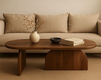 Oval Beech Coffee Table – Scandinavian Minimalist Center Table – Handmade Solid Wood
