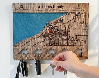 Personalized Map Key Holder, Custom Coordinates, Housewarming Gift
