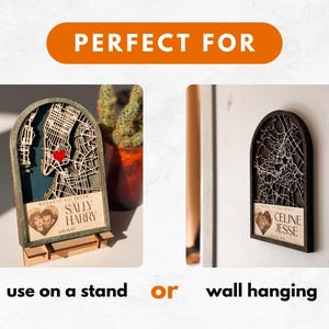 May include: Wooden map art with a city map design, featuring a heart marking a location. The art piece is available in two styles: one on a stand and another for wall hanging. The text on the art reads "Where it all began" and includes names and a date.