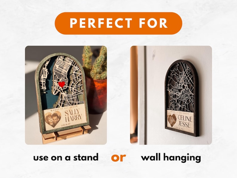 May include: Wooden map art with a city map design, featuring a heart marking a location. The art piece is available in two styles: one on a stand and another for wall hanging. The text on the art reads "Where it all began" and includes names and a date.