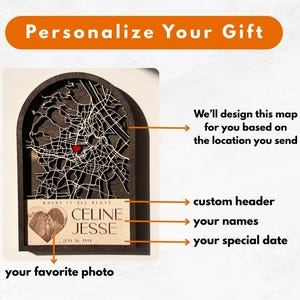 May include: A personalized wooden map with a city outline, a red heart marker, and a custom header. The map includes a photo, names, and a special date. The text "Personalize Your Gift" is at the top.