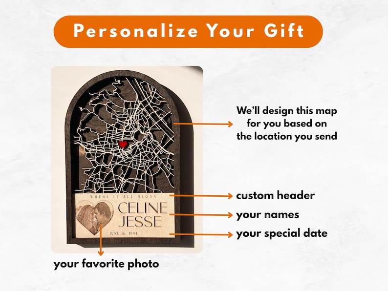 May include: A personalized wooden map with a city outline, a red heart marker, and a custom header. The map includes a photo, names, and a special date. The text "Personalize Your Gift" is at the top.
