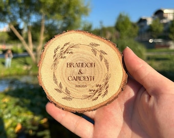 Engraved Wood Slice Coasters, Rustic Wedding Favors