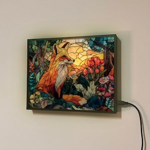 Fox in the Forest LED Wall Light – Stained Glass Style Frame with Backlit Art Print, Woodland Home Decor Gift, Nature Night Light Gift