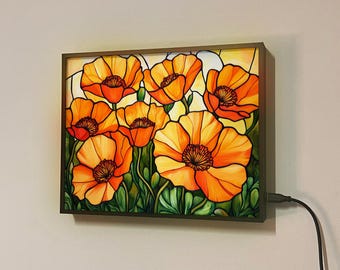 Applique murale à LED Coquelicots de Californie – Cadre artistique style vitrail