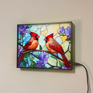Cardinal Birds LED Wall Light – Stained Glass Style Frame with Backlit Art Print, Birds Home Decor Gift, Birds Night Light Gift