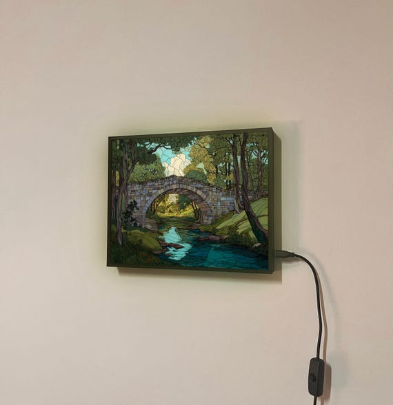 Vintage Stone Bridge LED Wall Light – Rustic Stained Glass Art Print
