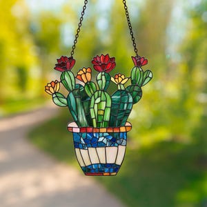 Stained Glass Style Acrylic Cactus in Vase Suncatcher, Acrylic Window Hangings, Western Desert Decor, Housewarming Gifts, Western Home Decor