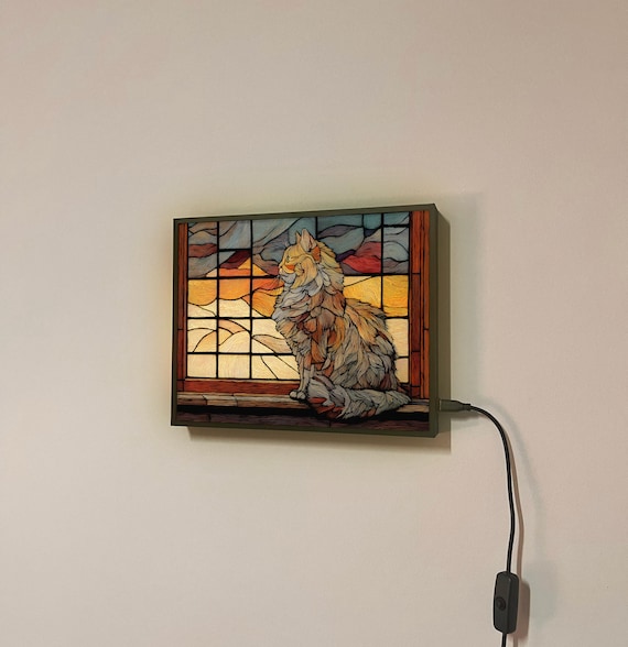 Cat on Window LED Wall Light – Stained Glass Style, Interchangeable Art
