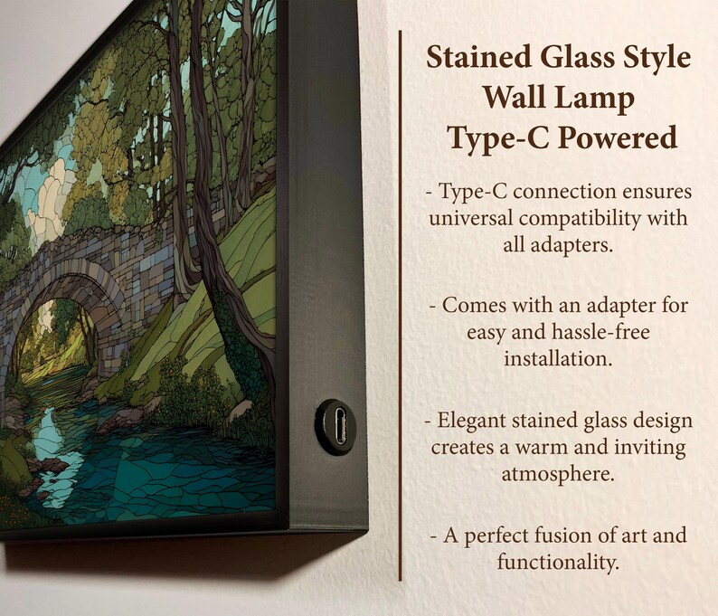 May include: A rectangular wall lamp with a stained glass style design, depicting a landscape scene with a bridge over a river. The lamp is Type-C powered and has a black frame. Text on the side reads "Stained Glass Style Wall Lamp Type-C Powered."