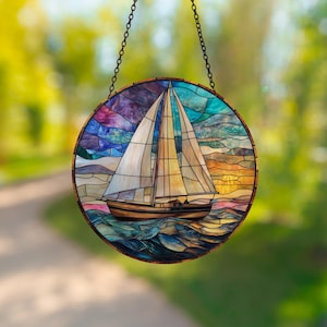 Stained Glass Style Acrylic Sailboat Suncatcher, Acrylic Window Hangings, Sailboat Window Hanging, Housewarming Gift, Beach House Decor