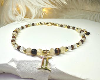Handmade Gemini Zodiac Bracelet – Tiger Eye, Citrine & Clear Quartz Beaded Crystal Jewelry for Astrology, Healing Gifts, spiritual jewellery