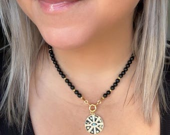 Black Tourmaline Healing Necklace - Protection Evil Eye Charm - 18K Gold Plated-Black Tourmaline beaded necklace-Handmade gemstone