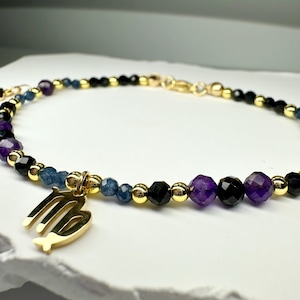 Virgo Zodiac Birthstone  Bracelet, Handmade gemstone Bracelet, Crystal Bracelet, Astrology Gift, Sapphire, Amethyst, Black Tourmaline