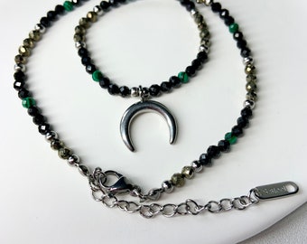 Black Tourmaline Pyrite Malachite beaded necklace, Handmade gemstone choker, Dainty  beaded choker, faceted crystal necklace, Moon charm