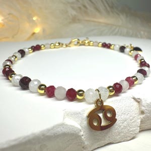 Handmade Cancer Zodiac Bracelet – Ruby, Rose Quartz & Moonstone Beaded Crystal Jewelry Astrology Birthday Gift, February Birthstone