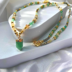 Money Attraction Handmade Citrine, Pyrite and Green Aventurine Necklace, Dainty beaded necklace, Succes crystal gemstone necklace