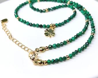 Malachite gemstone beaded necklace, Handmade malachite choker,  Dainty  beaded choker, faceted crystal necklace, Faceted beads choker