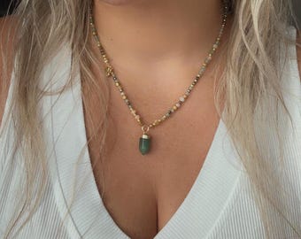 Money Attraction Handmade Citrine, Pyrite and Green Aventurine Necklace, Dainty beaded necklace, Succes crystal gemstone necklace