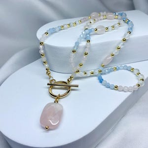 Aquarius Zodiac Necklace – Aquamarine, Rose Quartz & Selenite | February Birthday Gift | Toggle Crystal Necklace | Astrology Jewellery