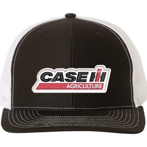 May include: Black and white trucker hat with a red and white Case IH Agriculture logo embroidered on the front.