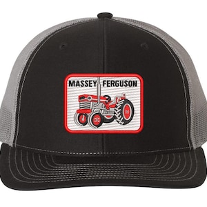 May include: A black and gray trucker hat with a red, white, and black embroidered patch that says "Massey Ferguson" and depicts a red tractor.