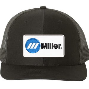 May include: Black trucker hat with a white patch featuring a blue logo and the text "Miller."