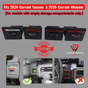 May include: Black storage compartment covers with red and white lettering that read "4Runner", "TRD", and "Tacoma". The image includes the text "Fits 2024-Current Tacoma & 2026-Current 4Runner" and "Lifetime Warranty".