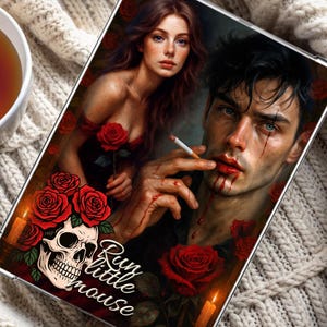 May include: A clear tablet case featuring a romantic illustration of a man and woman with red roses and a skull. The artwork includes the text "Run little mouse" and is set against a background of a cozy, cream-colored knit blanket.