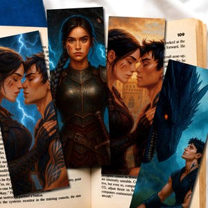 May include: Bookmarks featuring fantasy art of a couple, a woman in armor, and a man with a dragon. The bookmarks are placed in an open book with page 109 visible. A blue book is also in the image.