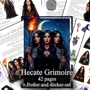 May include: A collection of printed materials featuring illustrations of women, moons, and mystical symbols. The central image is a poster titled "Hecate Grimoire" with the text "42 pages + Poster and sticker set". Other pages include text and illustrations.