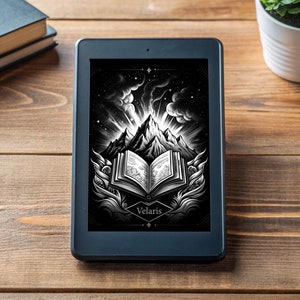 May include: A black and white illustration of a book on a mountain peak with a starry sky background. The book is open and the text "Velaris" is visible on the page. The illustration is displayed on a black e-reader.