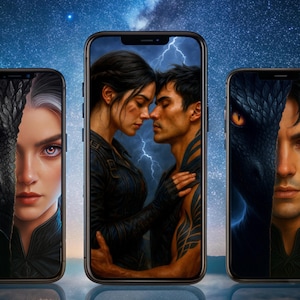 Può includere: Tre smartphone che mostrano arte fantasy. Gli schermi presentano una donna con un drago, una coppia che si abbraccia e un uomo con un drago. Lo sfondo è un cielo stellato, con riflessi su una superficie.