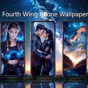 May include: Three phone wallpapers featuring scenes from the book "Fourth Wing". The first wallpaper shows a woman with dark hair and a leather jacket standing in front of a blue and white lightning bolt. The second wallpaper shows a couple embracing, the man has dark hair and a leather jacket, the woman has dark hair and a black leather jacket. The third wallpaper shows a dragon flying over an open book with a golden dragon on the page.
