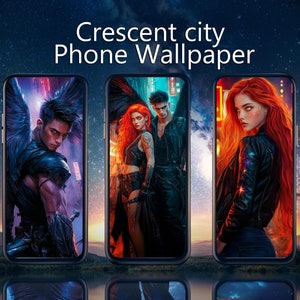 May include: Three phone wallpapers with a fantasy theme. The first wallpaper features a winged man with dark hair and a black leather outfit. The second wallpaper features a couple with dark hair and black leather outfits. The third wallpaper features a woman with long red hair and a black leather jacket.