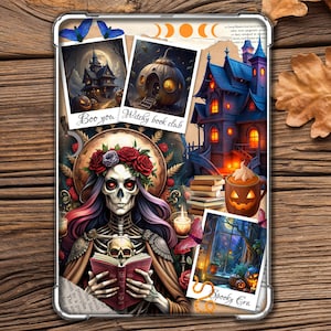 May include: A clear phone case featuring a spooky Halloween design. The case includes illustrations of a skeleton reading a book, haunted houses, and pumpkins. The words "Boo you", "Witchy book club", and "Spooky Era" are also visible.