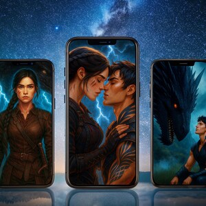 Può includere: Tre smartphone che mostrano arte fantasy. Uno mostra una donna con una treccia e fulmini, un altro una coppia che si abbraccia e il terzo un uomo che guarda un drago. Lo sfondo è una notte stellata.