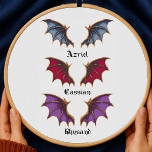 Puede incluir: Un bastidor de bordado de punto de cruz con tres pares de alas de murciélago estilizadas en azul, rojo y morado. Los nombres "Azriel", "Cassian" y "Rhysand" están bordados debajo.