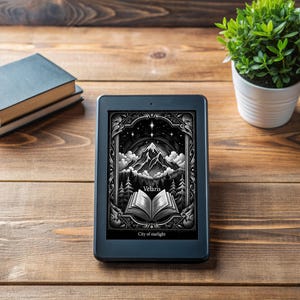 May include: A black and white illustration of a mountain range with a book open in the foreground. The text "Velaris, City of Starlight" is at the bottom of the image.