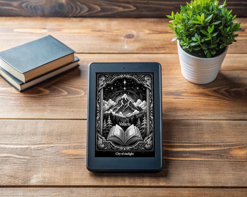 May include: A black and white illustration of a mountain range with a book open in the foreground. The text "Velaris, City of Starlight" is at the bottom of the image.