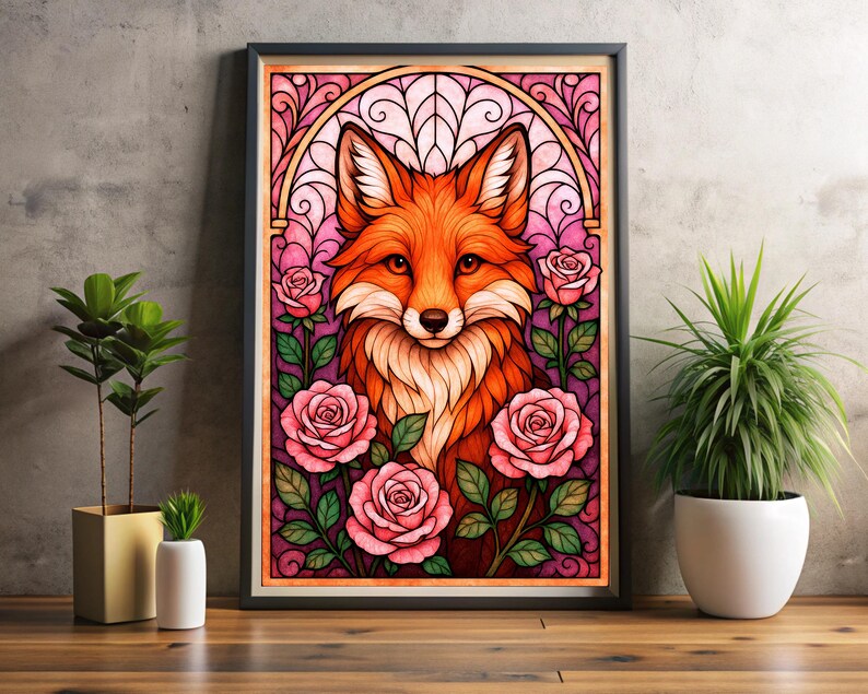 May include: A framed art print depicting a fox with orange and white fur, set against a stained-glass style background of pink and purple. Pink roses and green leaves surround the fox. The artwork is displayed on a wooden surface.