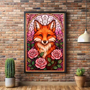 May include: A framed art print depicting a fox with orange and white fur, framed by pink roses and green leaves. The artwork has a stained-glass effect and a black frame. The print is displayed against a brick wall.