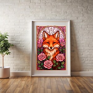 May include: A framed art print depicting a fox with orange and white fur, set amongst pink roses. The artwork has a stained-glass style, with a decorative arch above the fox. The frame is white, and the background is a white brick wall.