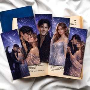 May include: A collection of fantasy-themed bookmarks featuring illustrations of couples and a single character against a starry night backdrop. The bookmarks are placed within an open book with visible text and page numbers.