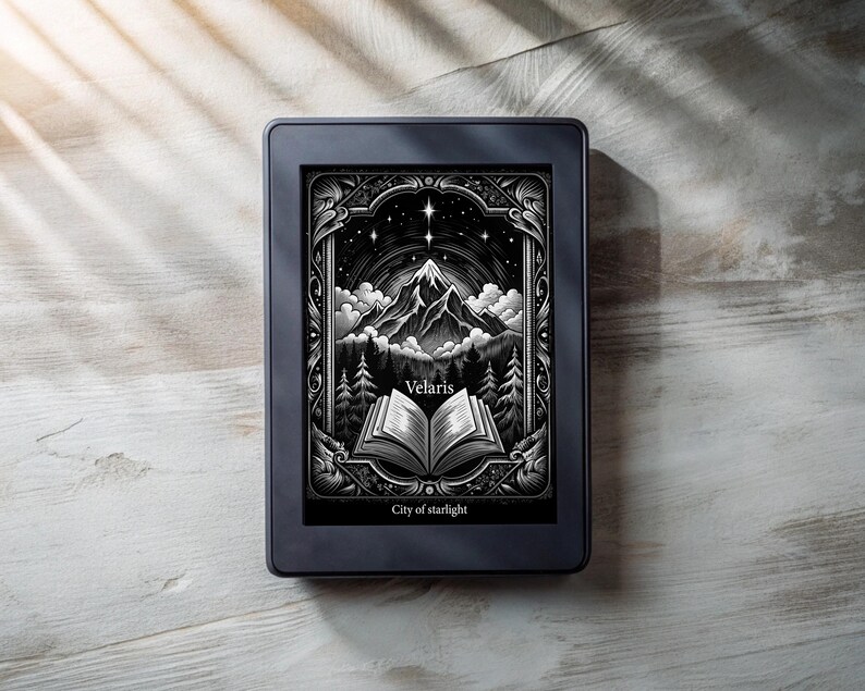 May include: A black and white illustration of a mountain range with a book open in the foreground. The text "Velaris, City of Starlight" is below the image.