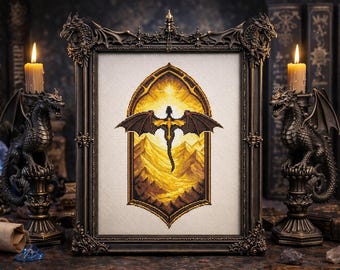 May include: Framed cross-stitch art featuring a dragon with outstretched wings against a golden mountain backdrop. The artwork is in a dark ornate frame, flanked by dragon statues and lit candles, creating a gothic fantasy theme.